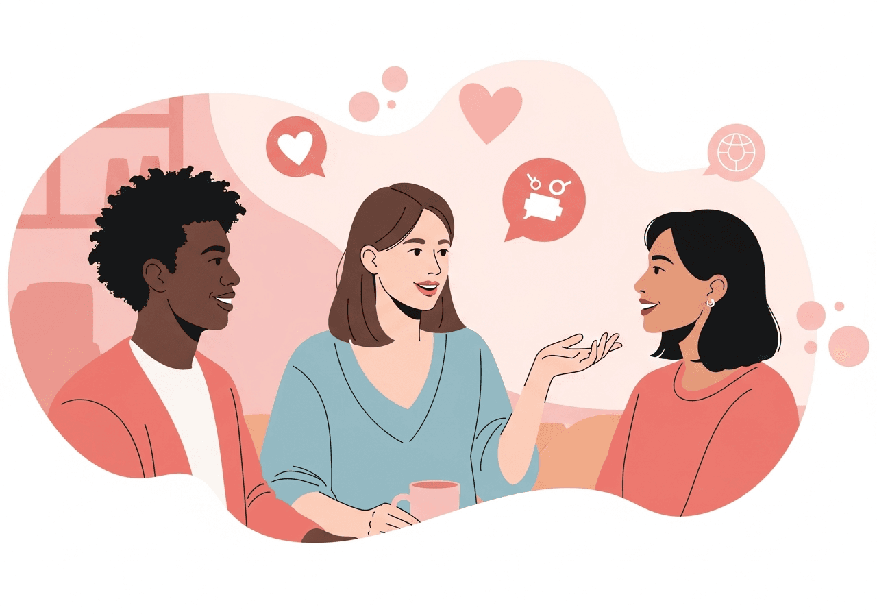Diverse young adults connecting over shared values